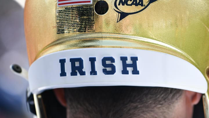 Apr 23, 2022; Notre Dame, Indiana, USA; A detail of the Notre Dame Fighting Irish helmet during warmups of the Blue-Gold Game at Notre Dame Stadium. Mandatory Credit: Matt Cashore-Imagn Images