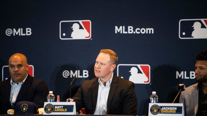 Senior Vice President and General Manager Matt Arnold talks about Jackson Chourio a press conference at the 2023 Baseball Winter Meetings at the Gaylord Opryland Resort & Convention Center in Nashville, Tenn., Monday, Dec. 4, 2023.