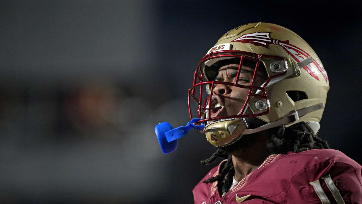 Oct 21, 2023; Tallahassee, Florida, USA; Florida State Seminoles defensive lineman Patrick Payton (11) celebrates a stop during the second half against the Duke Blue Devils at Doak S. Campbell Stadium. Mandatory Credit: Melina Myers-USA TODAY Sports