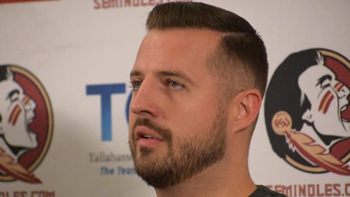 Florida State Seminoles head coach Luke Loucks speaks during a pregame press conference at The Coyle E. Moore Athletic Center for the Florida State Seminoles versus Florida A&M Rattlers NCAA men's college basketball exhibition game, Tallahassee, Florida, Wednesday, Oct. 22, 2025. Florida State Seminoles head coach Luke Loucks speaks during a pregame press conference at The Coyle E. Moore Athletic Center for the Florida State Seminoles versus Florida A&M Rattlers NCAA men's college basketball exhibition game, Tallahassee, Florida, Wednesday, Oct. 22, 2025.