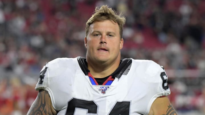 Aug 15, 2019; Glendale, AZ, USA; Oakland Raiders center Richie Incognito (64) during an NFL football game against the Arizona Cardinals. The Raiders defeated the Cardinals 33-26. Mandatory Credit: Kirby Lee-USA TODAY Sports