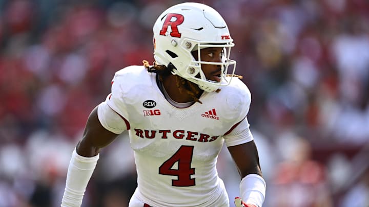 Rutgers Scarlet Knights defensive back Desmond Igbinosun looks on against the Temple Owls.