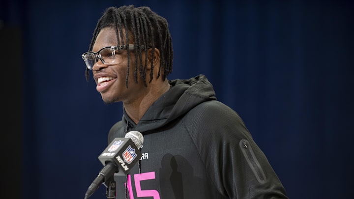 Colorado's Travis Hunter holds a press conference at the NFL scouting combine. Colorado's Travis Hunter holds a press conference at the NFL scouting combine.