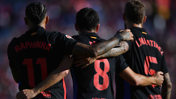 Pedri (middle) scored Barcelona's fourth goal in its rout over Girona in La Liga this weekend.