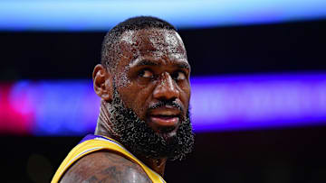 Jan 25, 2024; Los Angeles, California, USA; Los Angeles Lakers forward LeBron James (23) reacts during the second half at Crypto.com Arena. 