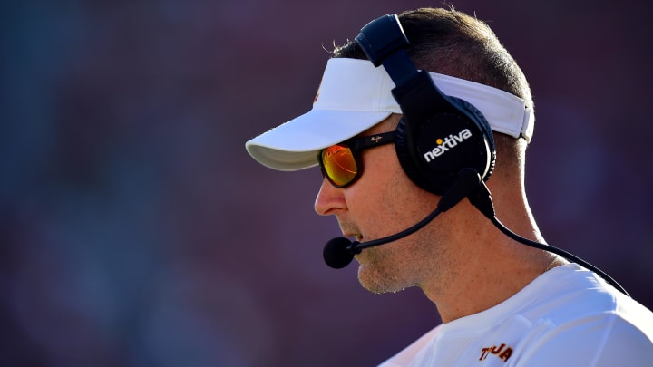 Aug 26, 2023; Los Angeles, California, USA; Southern California Trojans head coach Lincoln Riley watches game action against the San Jose State Spartans during the first half at Los Angeles Memorial Coliseum. Mandatory Credit: Gary A. Vasquez-USA TODAY Sports