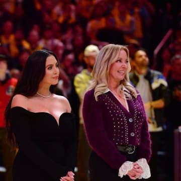 Mar 7, 2023; Los Angeles, California, USA; Los Angeles Lakers general manager Rob Pelinka, Vanessa Bryant and majority owner Jeanie Buss attend the jersey retirement of former player Pau Gasol during halftime at Crypto.com Arena. Mandatory Credit: Gary A. Vasquez-USA TODAY Sports