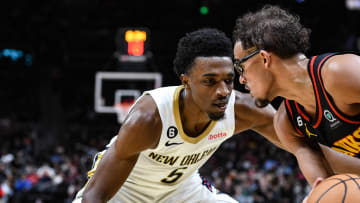 Nov 5, 2022; Atlanta, Georgia, USA; New Orleans Pelicans forward Herb Jones (5) pressures Atlanta Hawks guard Trae Young (11) in the third quarter at State Farm Arena.