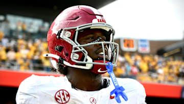 Oct 11, 2025; Columbia, MO, USA; Alabama Crimson Tide receiver Germie Bernard (5) in the fourth quarter against the Missouri Tigers at Faurot Field at Memorial Stadium.