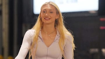 LA Sparks forward Cameron Brink arrives before a game