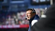 Oct 26, 2025; Foxborough, Massachusetts, USA;  New England Patriots head coach Mike Vrabel looks on during the second quarter against the Cleveland Browns at Gillette Stadium. Mandatory Credit: Bob DeChiara-Imagn Images