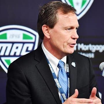 Mar 12, 2020; Cleveland, Ohio, USA;  Mid-American Conference commissioner Jon Steinbrecher talks to the media during a press conference at Rocket Mortgage FieldHouse. Steinbrecher announced that the Mid-American Conference basketball tournament was cancelled in an attempt to prevent the spread of the Covid-19 coronavirus. Mandatory Credit: Ken Blaze-Imagn Images