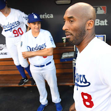 Kobe Bryant spent time in the Dodgers' dugout before Game 4 of the 2018 World Series against the Red Sox.