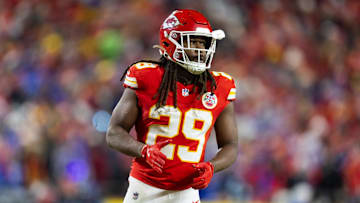 Jan 26, 2025; Kansas City, MO, USA; Kansas City Chiefs running back Kareem Hunt (29) against the Buffalo Bills in the AFC Championship game at GEHA Field at Arrowhead Stadium. Mandatory Credit: Mark J. Rebilas-Imagn Images