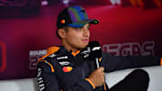 Nov 20, 2024; Las Vegas, Nevada, USA; McLaren driver Lando Norris (4) during media availabilities at Las Vegas Circuit. Mandatory Credit: Gary A. Vasquez-Imagn Images