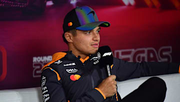 Nov 20, 2024; Las Vegas, Nevada, USA; McLaren driver Lando Norris (4) during media availabilities at Las Vegas Circuit. Mandatory Credit: Gary A. Vasquez-Imagn Images