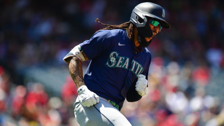 Seattle Mariners shortstop J.P. Crawford reacts after hitting a home run against the Los Angeles Angels on July 14 at Angel Stadium.