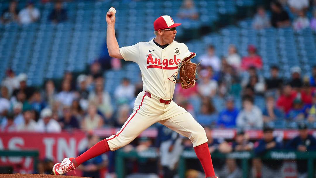 Sep 15, 2026; Anaheim, California, USA; Los Angeles Angels pitcher Ryan Johnson (32) throws against the Seattle Mariners during the first inning at Angel Stadium. Mandatory Credit: Gary A. Vasquez-Imagn Images