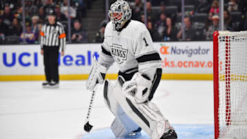 Nov 29, 2024; Anaheim, California, USA; Los Angeles Kings goaltender Erik Portillo (1) defends the goal against the Anaheim Ducks during the second period at Honda Center. Mandatory Credit: Gary A. Vasquez-Imagn Images