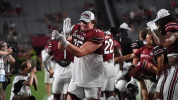 South Carolina football offensive lineman Cason Henry, the favorite to win the starting job at right tackle, during the Garnet and Black Spring Game in 2024