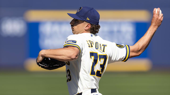 Feb 27, 2026; Phoenix, Arizona, USA; Milwaukee Brewers pitcher Brandon Sproat against the Chicago White Sox during a spring training game at American Family Fields of Phoenix. Mandatory Credit: Mark J. Rebilas-Imagn Images