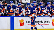 Apr 15, 2025; Elmont, New York, USA; New York Islanders right wing Hudson Fasching (20) celebrates with teammates after scoring a goal against the Washington Capitals during the third period at UBS Arena. Mandatory Credit: John Jones-Imagn Images