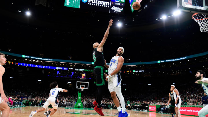 Dec 15, 2023; Boston, Massachusetts, USA; Boston Celtics guard Derrick White (9) shoots the ball