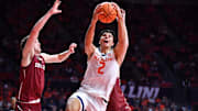 Nov 14, 2025; Champaign, Illinois, USA;  Illinois Fighting Illini guard Andrej Stojakovic (2) drives to the basket during the first half against the Colgate Raiders  at State Farm Center. Mandatory Credit: Ron Johnson-Imagn Images