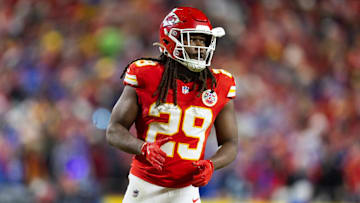 Jan 26, 2025; Kansas City, MO, USA; Kansas City Chiefs running back Kareem Hunt (29) against the Buffalo Bills in the AFC Championship game at GEHA Field at Arrowhead Stadium. Mandatory Credit: Mark J. Rebilas-Imagn Images
