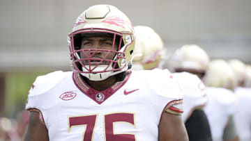 Apr 20, 2024; Tallahassee, Florida, USA; Florida State Seminoles offensive lineman Darius Washington (76) during the Spring Showcase at Doak S. Campbell Stadium. Mandatory Credit: Melina Myers-USA TODAY Sports