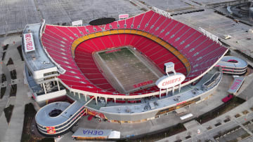 Feb 14, 2024; Kansas City, MO, USA; A general overall aerial view of Arrowhead Stadium at the Truman