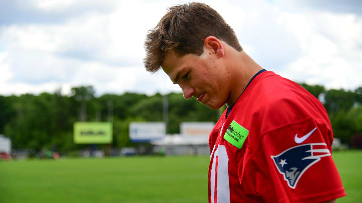 Jun 12, 2024; Foxborough, MA, USA;  New England Patriots quarterback Drake Maye (10) leaves after a press conference at minicamp at Gillette Stadium.  Mandatory Credit: Eric Canha-USA TODAY Sports