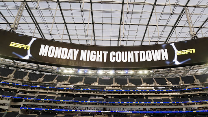 An ESPN Monday Night Football Countdown logo on the oculus scoreboard at SoFi Stadium. An ESPN Monday Night Football Countdown logo on the oculus scoreboard at SoFi Stadium.