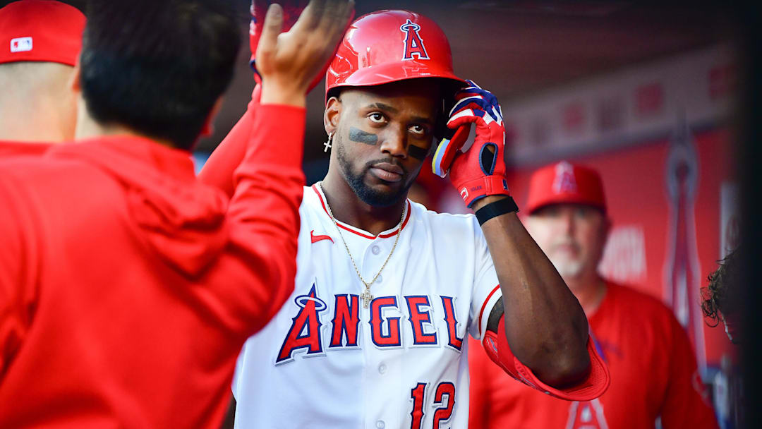 May 5, 2026; Anaheim, California, USA; Los Angeles Angels designated hitter Jorge Soler (12) is greeted after hitting a solo home run against the Chicago White Sox during the first inning at Angel Stadium. Mandatory Credit: Gary A. Vasquez-Imagn Images