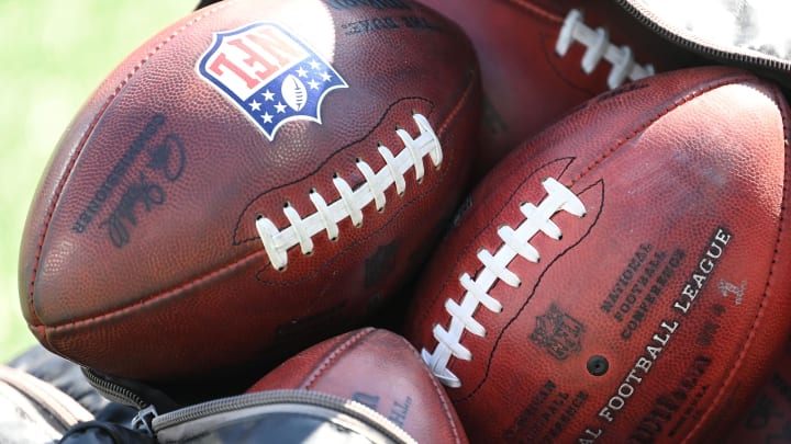 Oct 29, 2023; Charlotte, North Carolina, USA; A bag of footballs at Bank of America Stadium. Mandatory Credit: Bob Donnan-USA TODAY Sports