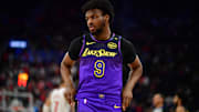Jan 19, 2025; Inglewood, California, USA; Los Angeles Lakers guard Bronny James (9) checks in against the Los Angeles Clippers during the second half at Intuit Dome. Mandatory Credit: Gary A. Vasquez-Imagn Images