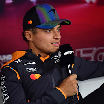Nov 20, 2024; Las Vegas, Nevada, USA; McLaren driver Lando Norris (4) during media availabilities at Las Vegas Circuit. Mandatory Credit: Gary A. Vasquez-Imagn Images