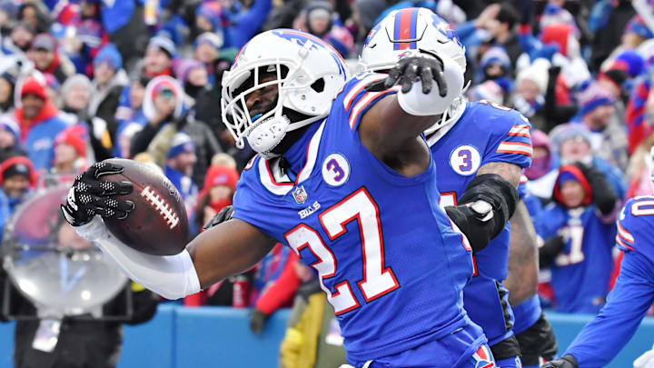 Jan 8, 2023; Orchard Park, New York, USA; Buffalo Bills cornerback Tre'Davious White (27) reacts to intercepting a pass against the New England Patriots in the third quarter at Highmark Stadium.