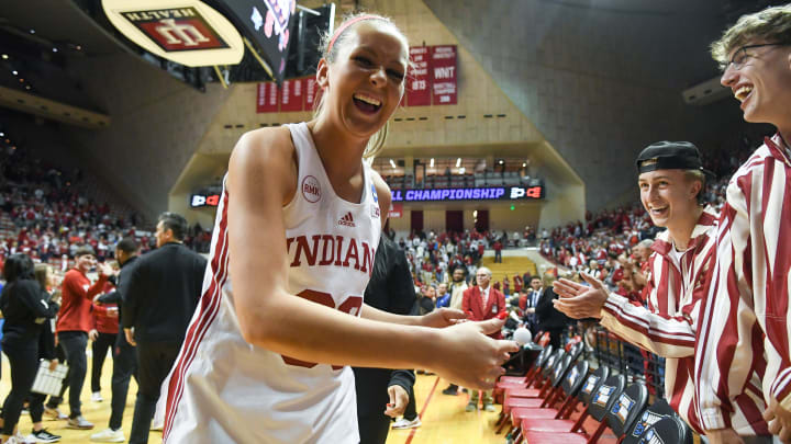 Indiana Hoosiers guard Sydney Parrish (33) celebrates after winning the NCAA tournament second round game against the Oklahoma Sooners at Simon Skjodt Assembly Hall on Monday, March 25, 2024.