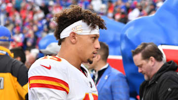 Nov 17, 2024; Orchard Park, New York, USA; Kansas City Chiefs quarterback Patrick Mahomes (15) leaves the field after warm ups before a game against the Buffalo Bills at Highmark Stadium. Mandatory Credit: Mark Konezny-Imagn Images