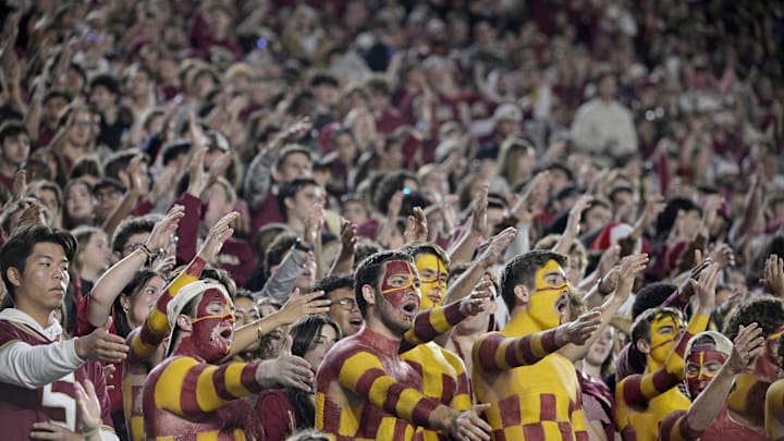 Nov 15, 2025; Tallahassee, Florida, USA; Florida State Seminoles fans during the fourth quarter against the Virginia Tech Hokies at Doak S. Campbell Stadium. Mandatory Credit: Melina Myers-Imagn Images