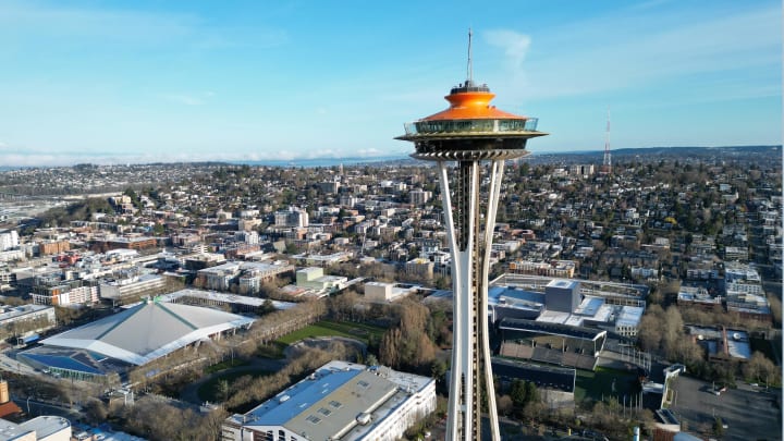 A general overall view of the Space Needle and Climate Pledge Arena at Seattle Center on March 27, 2023.