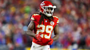 Jan 26, 2025; Kansas City, MO, USA; Kansas City Chiefs running back Kareem Hunt (29) against the Buffalo Bills in the AFC Championship game at GEHA Field at Arrowhead Stadium. Mandatory Credit: Mark J. Rebilas-Imagn Images