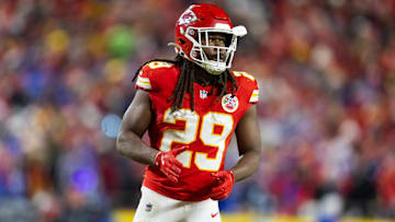 Jan 26, 2025; Kansas City, MO, USA; Kansas City Chiefs running back Kareem Hunt (29) against the Buffalo Bills in the AFC Championship game at GEHA Field at Arrowhead Stadium. Mandatory Credit: Mark J. Rebilas-Imagn Images