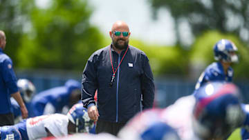 May 10, 2025; East Rutherford, NJ, USA; New York Giants head coach Brian Daboll looks on during rookie minicamp at Quest Diagnostics Training Center. Mandatory Credit: John Jones-Imagn Images