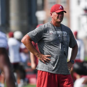 The Crimson Tide works out on the first day of practice for the 2024 season Wednesday, July 31, 2024. Alabama head coach Kalen DeBoer presides over his team as the prep for his first season as head coach.