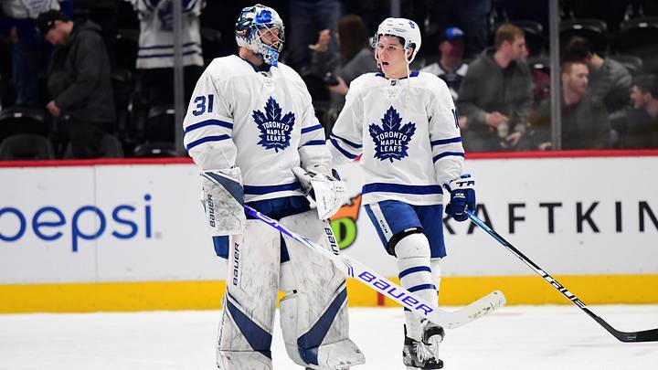 Feb 12, 2019; Denver, CO, USA; Toronto Maple Leafs goaltender Frederik Andersen (31) and right wing Mitchell Marner (16) following the win over the Colorado Avalanche at the Pepsi Center. Mandatory Credit: Ron Chenoy-Imagn Images