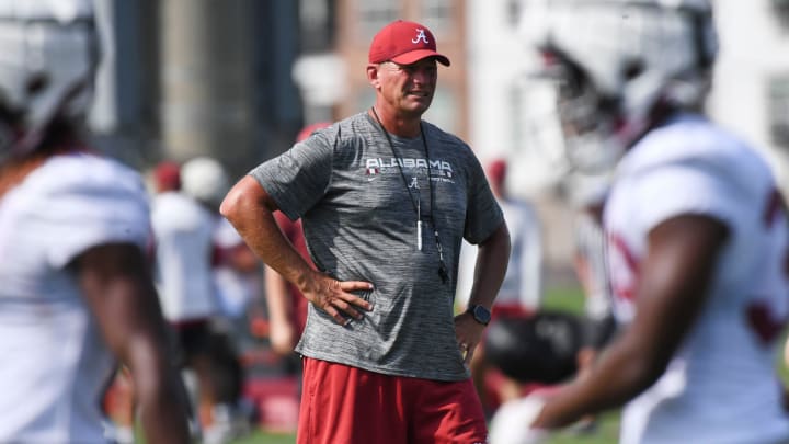 The Crimson Tide works out on the first day of practice for the 2024 season Wednesday, July 31, 2024. Alabama head coach Kalen DeBoer presides over his team as the prep for his first season as head coach.