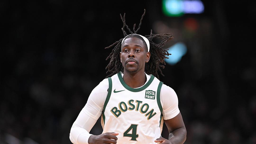 Apr 7, 2024; Boston, Massachusetts, USA; Boston Celtics guard Jrue Holiday (4) runs up the court against the Portland Trail Blazers during the first half at TD Garden. Mandatory Credit: Eric Canha-Imagn Images