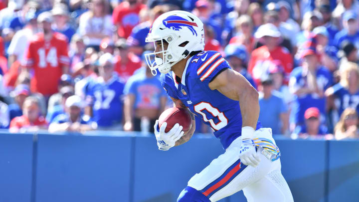 Oct 1, 2023; Orchard Park, New York, USA; Buffalo Bills wide receiver Khalil Shakir (10) returns a kickoff in the second quarter against the Miami Dolphins at Highmark Stadium. Mandatory Credit: Mark Konezny-USA TODAY Sports